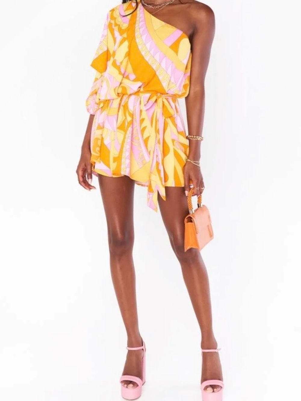 Show Me Your MuMu One-Shoulder Yellow & Pink Printed Romper